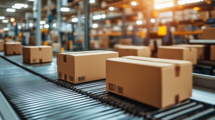 Wall Mural - cardboard boxes moving along an automated conveyor belt in a modern warehouse.