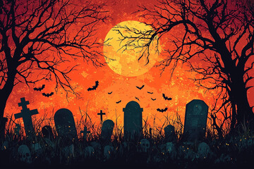 Spooky Halloween Graveyard with Full Moon