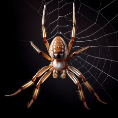 spider hanging on web with black background