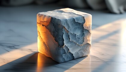 Tranquil marble-like cube with delicate veins resting on softly lit fabric, exuding warmth and organic beauty