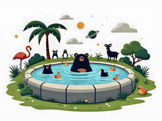 Wall Mural - A playful bear and various animals enjoying a sunny day at a whimsical pool amidst lush greenery and vibrant scenery