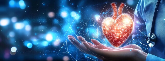 Wall Mural - On a virtual interface, a cardiologist examines a patient's heart function and blood vessel. Medical technology and healthcare treatment to diagnose heart disease and other cardiovascular system