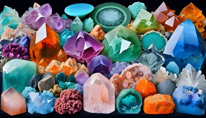 Vibrant display of diverse crystals and minerals showcasing their natural colors, sizes, and stunning beauty