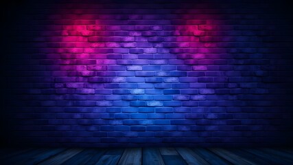 A vibrant blue and purple lit brick wall background in a dark setting ideal for artistic displays or creative showcases