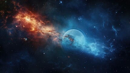 Wall Mural - a stunning cosmic scene, a blue planet with rings, surrounded by swirling nebulae and a scattering o