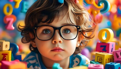 Curious child in glasses engaged in early learning, surrounded by vibrant alphabet and number toys, exploring a world of knowledge and creativity.