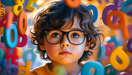 Wall Mural - Curious child in glasses engaged in early learning, surrounded by vibrant alphabet and number toys, exploring a world of knowledge and creativity.