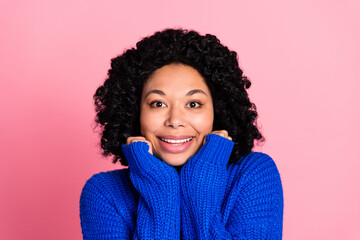 Wall Mural - Portrait of lovely woman wear blue knitted stylish clothes isolated on pink color background