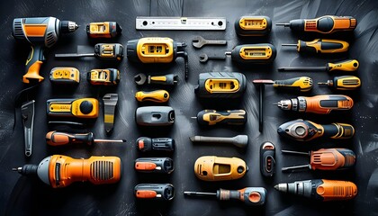 Neatly Arranged Electrical Tools on Dark Textured Surface Representing Work Preparedness