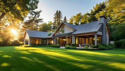 Sticker - Serene modern home nestled in lush greenery, illuminated by golden sunlight, offering a tranquil suburban retreat ambiance