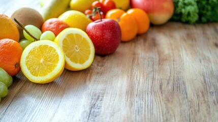 Wall Mural - A variety of fruits and vegetables on a wooden background. Bright colors symbolize a healthy lifestyle,balanced diet and fresh products. The concept of awareness of World Diabetes and Health Day. AI