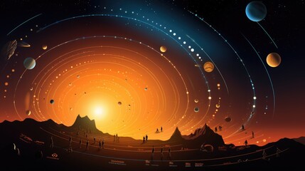 Wall Mural - a surreal and captivating illustration of a celestial landscape, featuring a vibrant sun and a multi