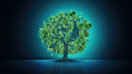 Wall Mural - a surreal tree with glowing leaves stands alone in a dark and mysterious landscape.