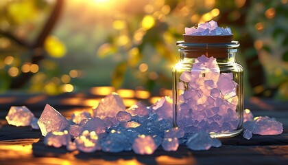 Wall Mural - Radiant crystalline fragments in a glass jar illuminated by warm sunlight, showcasing the elegance of raw natural beauty and texture