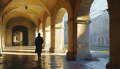 Wall Mural - Contemplative Solitude in a Sunlit Arched Corridor