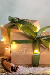 Wall Mural - christmas gift zero waste, eco friendly hand made box packaging gifts in kraft paper wooden table, e