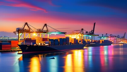 Wall Mural - Vibrant port scene at dusk featuring a cargo ship amidst a sea of colorful containers and illuminated docking facilities