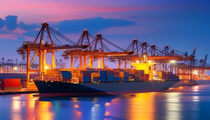 Wall Mural - Vibrant port scene at dusk featuring a cargo ship amidst a sea of colorful containers and illuminated docking facilities