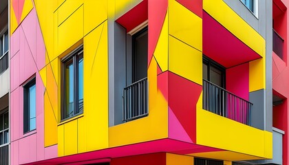 Vibrant street scene featuring a colorful building facade with bold geometric shapes in yellow, red, and pink