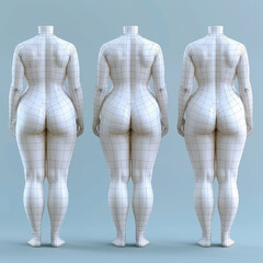 A detailed 3D wireframe model of a female figure is displayed in three different views, highlighting body proportions and anatomical features in a neutral setting.