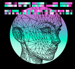 Aufkleber - Conceptual illustration of 3d head made of mesh on background of holographic green and pink circle. Futuristic art on the theme of technology and human.