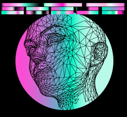 Aufkleber - Conceptual illustration of 3d head made of mesh on background of holographic green and pink circle. Futuristic art on the theme of technology and human.