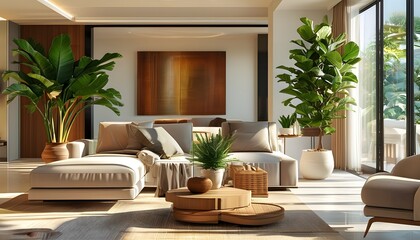 Elegant sunlit modern living room with cozy furnishings and a vibrant large potted plant inviting warmth and comfort