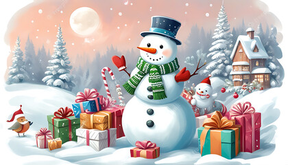 Snowman with gifts celebrating a winter festival.