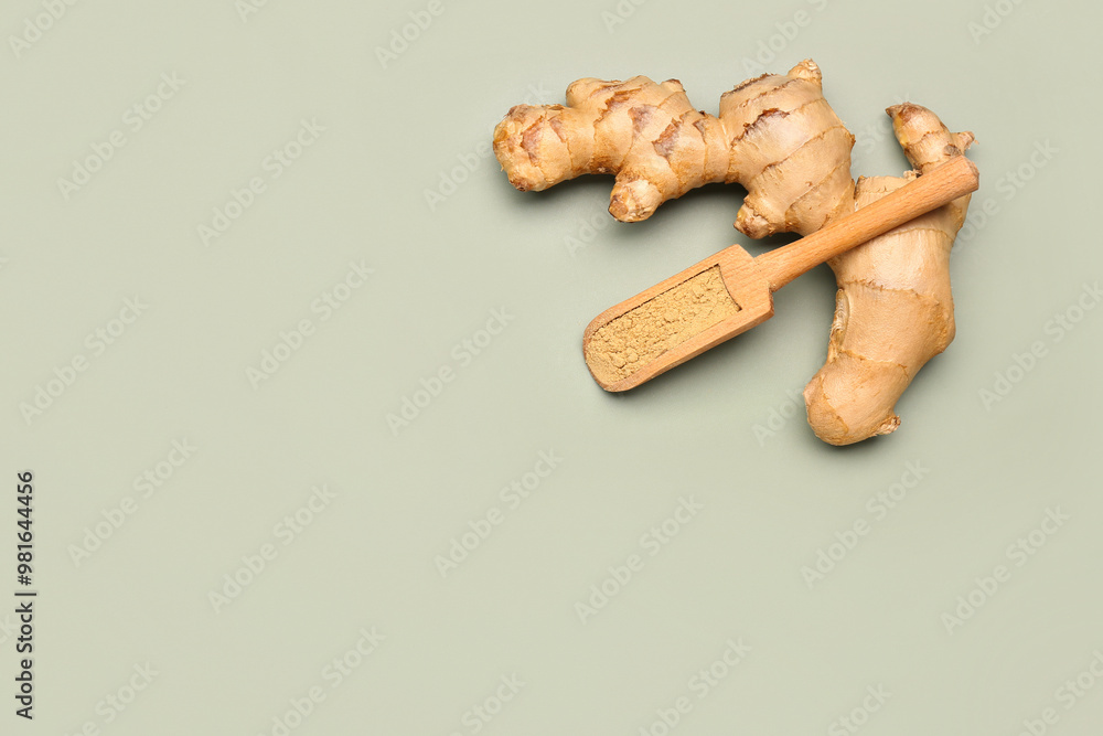 Fresh ginger root and wooden scoop with dried powder on grey background