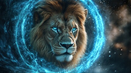 Majestic Lion Portrait with Blue Aura