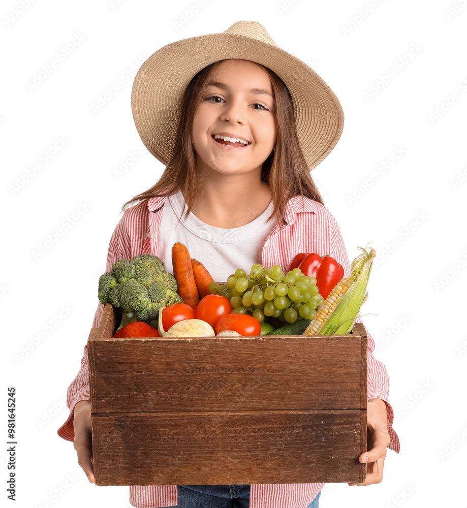 Little farmer with fresh food on white background