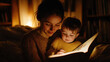 © Rymma - Intimate scene of a parent reading a bedtime story to a young child, with the warm glow of a bedside lamp