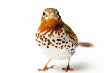 thrush presents itself in a striking pose, highlighting its beautiful speckled brown and white chest. The bird's vibrant plumage contrasts sharply with the clean background.