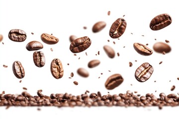 Coffee beans falling in the air isolated on a white background. Coffee beans flying, ai