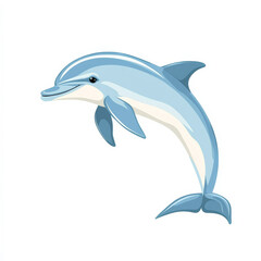 Wall Mural - Flat design of a playful dolphin in mid-jump, drawn with clean lines and light blue hues, on a white background.