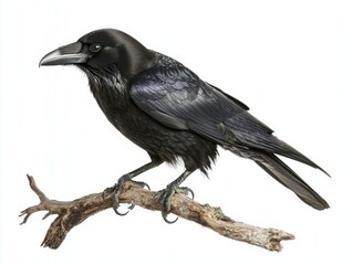 solitary crow sits elegantly on a branch, its glossy black feathers glimmering as it surveys its surroundings. The simplicity of the white background highlights its captivating beauty.