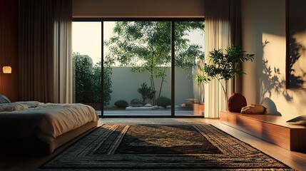 Wall Mural - Cozy luxury bedroom featuring a large sliding glass door, a rich, dark area rug, and a minimalistic design.