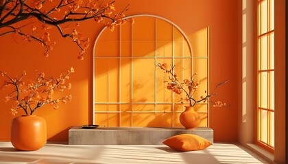 Wall Mural - Vibrant Orange Wall Screen with Scenic Window Design for Poster Background