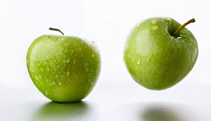 Falling green juicy apple isolated on white background, selective focus