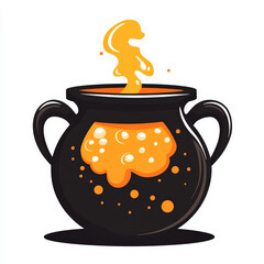 Classic Halloween flat-designed cauldron with bubbling orange potion, rendered in black and orange, isolated on a white background.