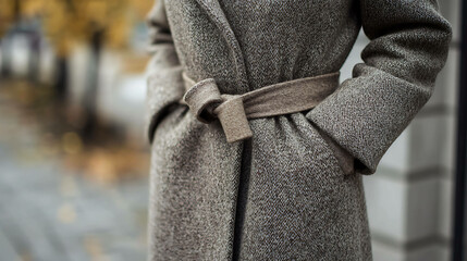 Close-up of a brown tweed coat with a brown belt tied at the waist.