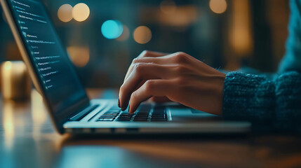 Woman's hands typing on a laptop with code on the screen.