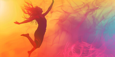 Joyful woman jumping in the air against colorful backdrop, Happy woman leaping in vibrant artistic background