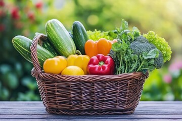 Wall Mural - Fresh organic fruits and vegetables in wicker basket, ai