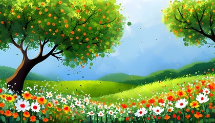 Wall Mural - Vibrant Abstract Illustration of Green Trees, Flowers, and Fields for Poster Background