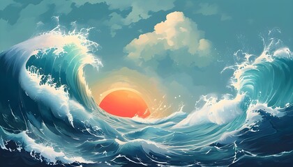 Poster - Vibrant Digital Illustration of Ocean Waves for Poster Background