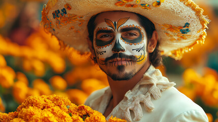 Poster - A handsome man with sugar skull death mask in a field of orange marigolds, wearing a hat and white suit. 