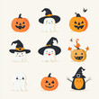 © AI_images_for_people - Flat Halloween characters collection featuring colorful pumpkins, spooky ghosts, and cheerful witches, designed in a clean and simple style.