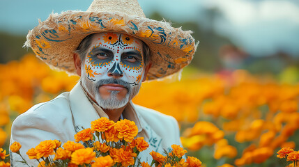 Poster - A handsome man with sugar skull death mask in a field of orange marigolds, wearing a hat and white suit. 