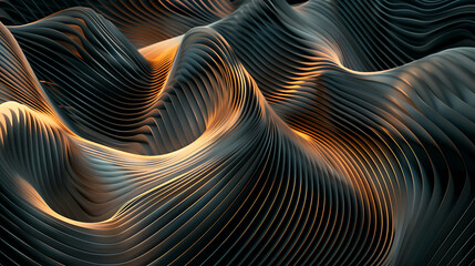 Abstract 3D background with wavy lines in gold and black.